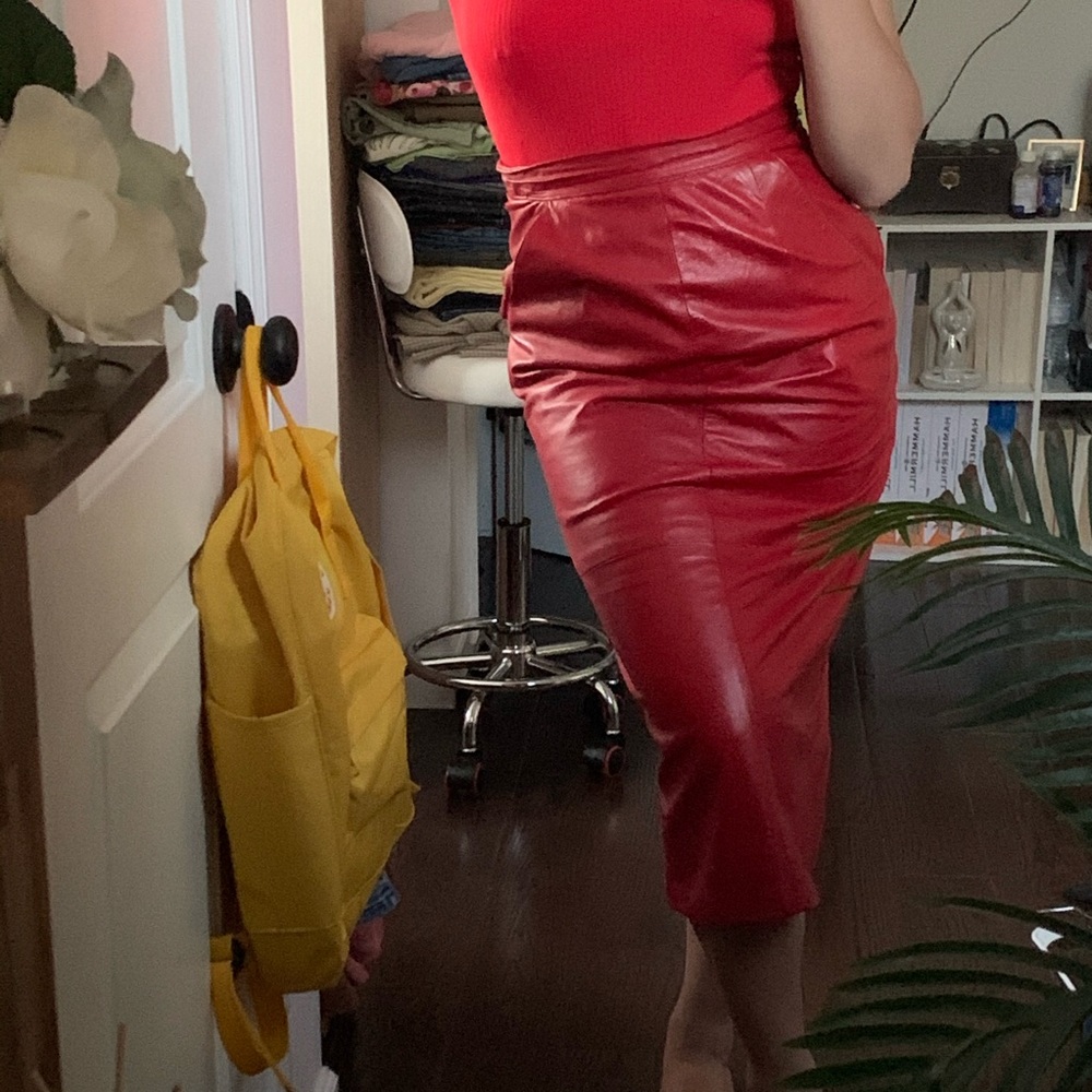 Red leather midi pencil skirt